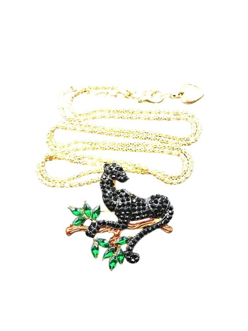 Betsey Johnson Necklace Brooch Black Crystal Panther Pendant Gold Tone